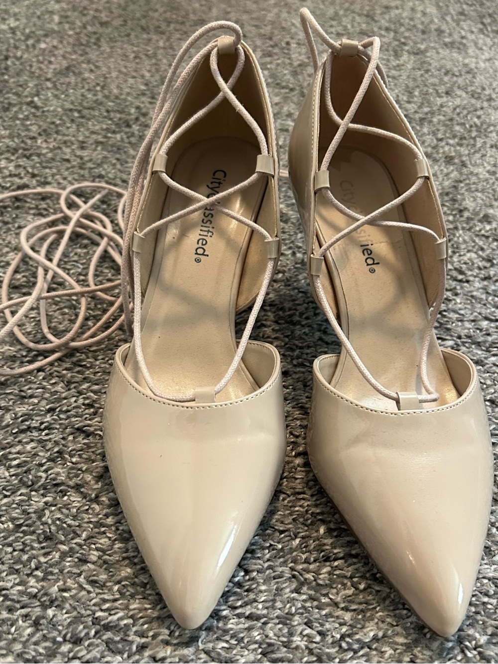 Cityclassified Patent Pointed-Toe Lace-Up Pumps in Nude Beige- Size 8 1/2